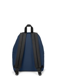 Navy blue backpack with black padded straps, rounded shape, and a top handle. Smooth fabric texture, no visible patterns or hardware details.