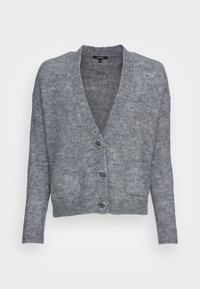 Měkký šedý pletený kardigan s výstřihem do V, třemi knoflíky vpředu, dlouhými rukávy a dvěma předními kapsami.