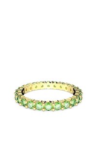Gold ring with a circular design, featuring alternating green gemstones set in a floral-like pattern along the band.