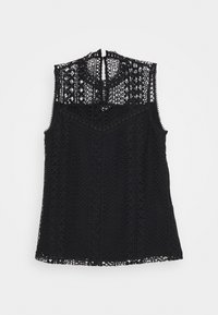 Černý bezstrunný top s propracovanými krajkovými detaily, zvlněnými okraji, vysokým krkem a vertikálními vzory po celé látce.
