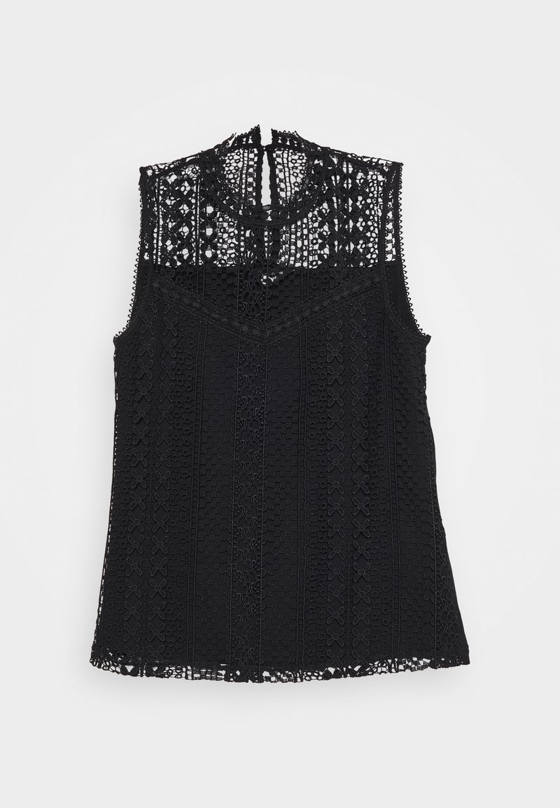 Černý bezstrunný top s propracovanými krajkovými detaily, zvlněnými okraji, vysokým krkem a vertikálními vzory po celé látce.