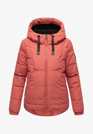 Pufjakas korallrozā krāsā ar kapuci, pieejams ar melniem auklām, ar rāvējslēdzēju priekšā un diviem priekšējiem kabatām, kam ir gluda tekstūra.