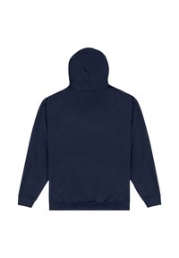 Sudadera con capucha de color azul marino, con capucha ajustada, puños acanalados y dobladillo. Tejido liso de mezcla de algodón, sin logotipos ni patrones visibles.