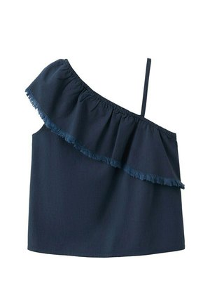 Haut bleu marine à une épaule avec une seule fine bretelle et un détail de frange volantée le long du décolleté.