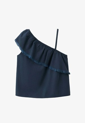 Bluza bleumarin cu o singură umăr, cu o bretea subțire și un detaliu drapat cu volane pe marginea decolteului.