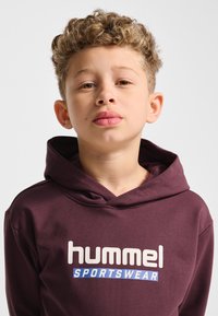Bordowa bluza z kapturem z przednią kieszenią, z białym i niebieskim logo "hummel SPORTSWEAR" na piersi. Miękki materiał z przytulnym kapturem.