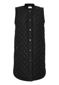 Chaleco largo acolchado sin mangas de color negro con costuras en forma de diamante, cierre delantero con botones a presión y bolsillos laterales.