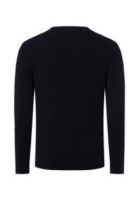 Marineblauer Rippstrickpullover mit langen Ärmeln und einem runden Halsausschnitt, der eine strukturierte Oberfläche und einem geraden Saum aufweist.