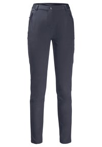 Pantaloni da esterno blu navy con un tessuto liscio e elasticizzato. Le caratteristiche includono una tasca con zip, chiusura con bottone e design a gamba affusolata.