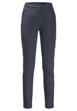 Pantaloni da esterno blu navy con un tessuto liscio e elasticizzato. Le caratteristiche includono una tasca con zip, chiusura con bottone e design a gamba affusolata.