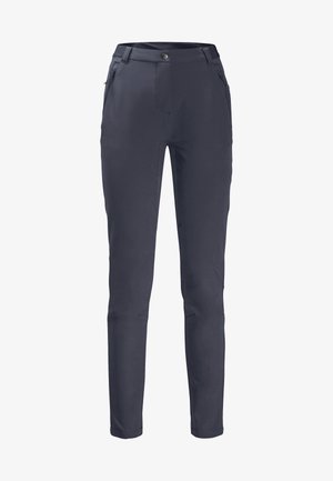 Navy outdoor pants with a smooth, stretchy fabric. Features include a zippered pocket, button closure, and tapered leg design.