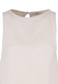 Top senza maniche in lino di un beige chiaro con scollatura tonda e un dettaglio a chiave con bottone sul retro. Texture liscia, design minimale.