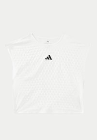 T-shirt de sport Adidas blanc à manches courtes avec motif en points texturé et logo Adidas noir centré sur la poitrine.