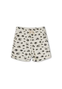 Shorts in tessuto bianco sporco con stampa nera a forma di occhio, cintura elastica con cordino e tasche laterali. Design casual e leggero.