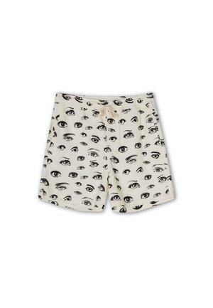 Shorts de tejido blanco roto con un estampado de ojo negro, cinturilla elástica con cordón y bolsillos laterales. Diseño casual y ligero.