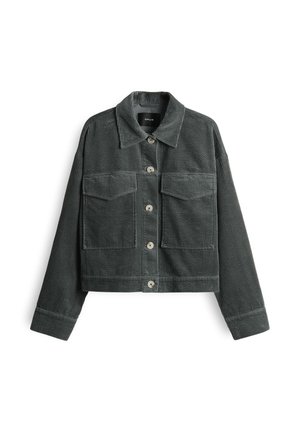 Grove vest in donkergrijs, met een kraag, vier voorzakken, zilveren knopen en een cropped ontwerp met ribbeltextuur.