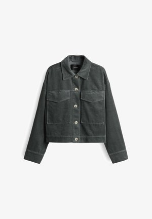 Dunkelgraue Cordjacke mit Kragen, vier Fronttaschen, silbernen Knöpfen und cropped Design mit geripptem Muster.