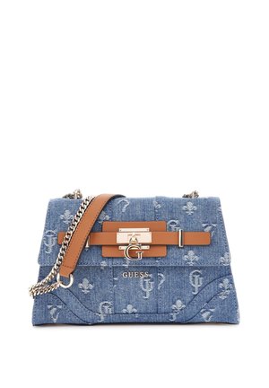 Denim handbag in blue, featuring a brown leather strap, silver chain, distinctive logo accents, and a smooth metallic clasp.