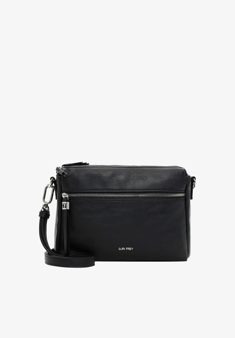 Borsa a tracolla nera in pelle con una texture liscia, due scomparti con zip e una tracolla removibile. Caratterizzata da hardware in tonalità argentata.