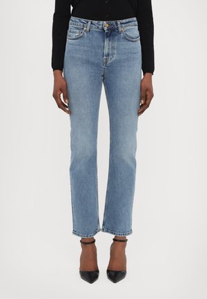 Jeans blu a gamba dritta con vita alta, realizzati in denim, con classico design a cinque tasche e dettagli di cucitura sottili.