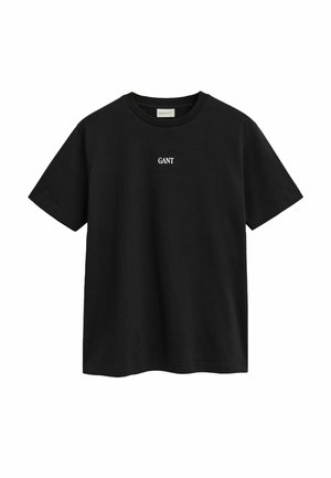 Zwarte korte mouwen T-shirt met ronde hals en klein wit "GANT" logo in het midden van de borst.
