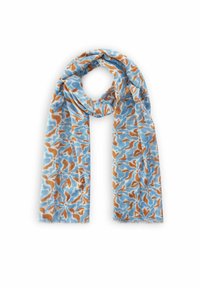 Lichtblauwe sjaal met een wervelend abstract patroon in oranje en bruin. Gemaakt van een zachte, lichte stof met franjes aan de randen.