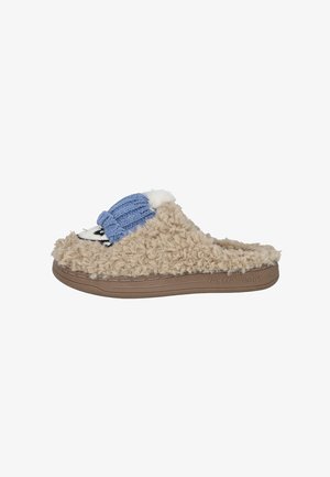 Zapatillas de casa de color beige y peludas, con suela marrón y un detalle de punto azul que incluye un pom-pom blanco en la parte superior. Diseño decorativo de una cara en la parte delantera.