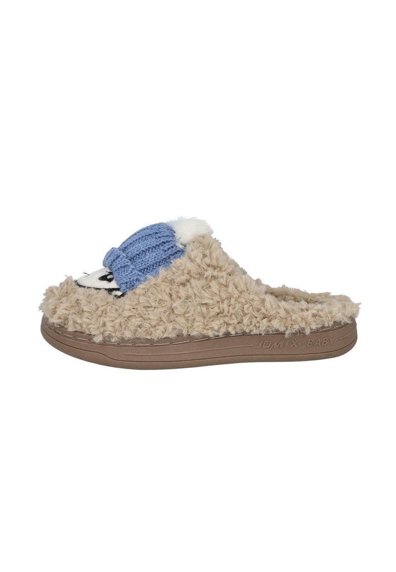 Zapatillas de casa de color beige y peludas, con suela marrón y un detalle de punto azul que incluye un pom-pom blanco en la parte superior. Diseño decorativo de una cara en la parte delantera.
