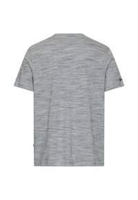 Hellgraues T-Shirt mit kurzen Ärmeln und einem dezenten horizontalen Melierungsmuster, Rückansicht ohne sichtbare Logos oder Designs.