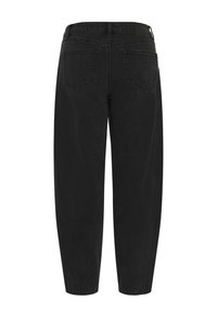 Jeans din denim negru cu talie înaltă și croială conică, având două buzunare la spate și detalii vizibile de cusături.