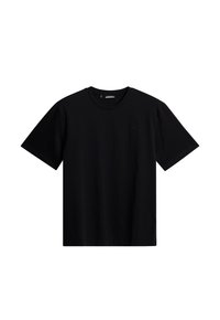 T-shirt noir à manches courtes en coton, avec un col rond et un logo de marque subtil à l'avant. Texture lisse et coupe régulière.