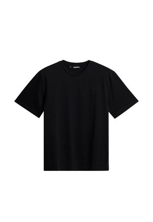 Zwarte t-shirt met korte mouwen van katoen, met een ronde hals en een subtiele merklogo op de voorkant. Glad textuur en reguliere pasvorm.