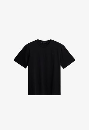 Zwarte t-shirt met korte mouwen van katoen, met een ronde hals en een subtiele merklogo op de voorkant. Glad textuur en reguliere pasvorm.