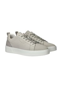 Lichtgrijze leren sneakers met grijze accenten, ronde neus en veters. Getextureerde rubberen zool met verticale groeven, achterste trekband voor gemakkelijk aan- en uittrekken.