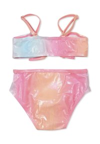 Set bikini a due pezzi in rosa iridescente e colori pastello. Il reggiseno ha spalline regolabili; il fondo presenta un design coordinato con una vita elastica.