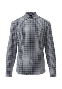 Schönes Hemd mit langen Ärmeln, Kragen und Frontknopfleiste im blauen und weißen Karomuster. Hergestellt aus Baumwollstoff.