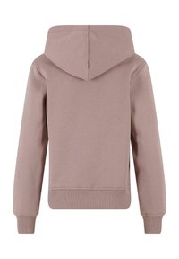 Sweatshirt à capuche rose poussiéreux, avec des manches longues, un ourlet côtelé et un tissu en mélange de coton lisse. Le dos est uni sans embellissements.