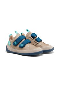 Beige and blue children's shoes with two wide Velcro straps, a rounded toe, cushioned soles, and a textured rubber grip on the bottom.