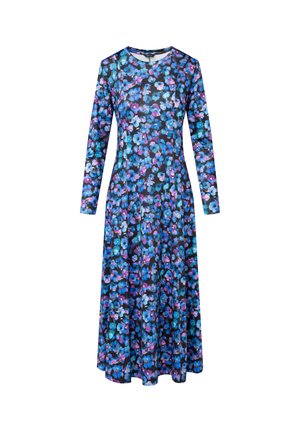 Lange mouw jurk van donkere stof, met een bloemmotief in blauwe, paarse en roze tinten. Vlotte rok, ronde halslijn en aansluitend bovenlijfje.