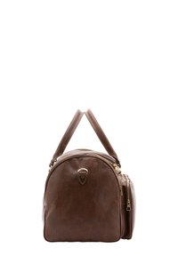 Bruine leren handtas met een afgeronde vorm, voorzien van gouden hardware en een afsluitbare rits aan de bovenkant. Inclusief een zijvak met rits voor extra opbergruimte.