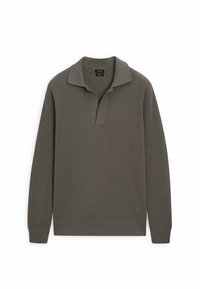 Ribbet pullover i dæmpet olivengrøn med krave og lange ærmer. Lavet af strikket tekstil.