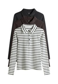 Set of three long-sleeve polo shirts: one striped white with black, one solid dark brown, and one solid black; soft fabric, classic collar design.