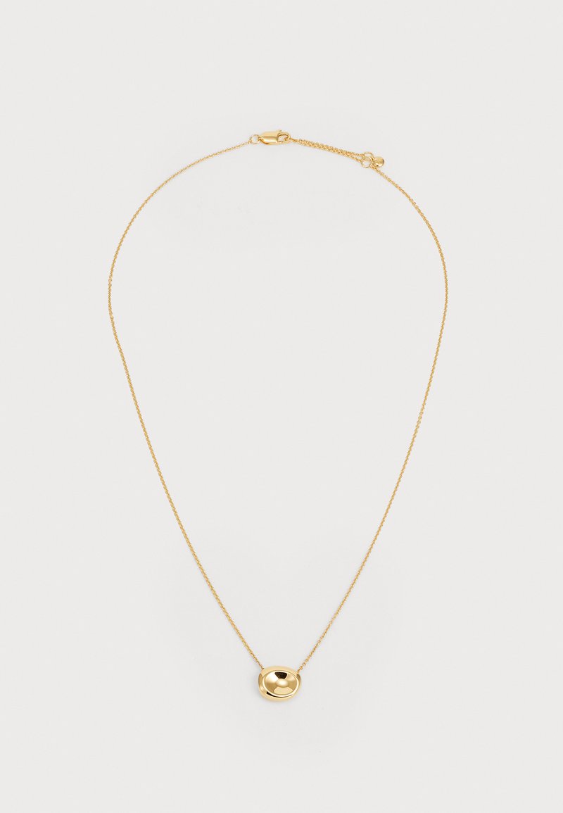 Zlati obesek z tanko verigo in gladkim, zaobljenim medaljonom. Medaljon ima odsevno površino, kar ustvarja sijoč videz.