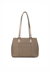 Borsa a tracolla in pelle beige con due spallacci robusti, forma rettangolare, superficie testurizzata e tasca centrale anteriore.