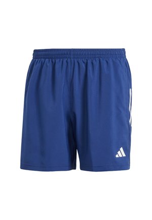 Blue athletic shorts with a drawstring waistband, made of lightweight fabric, featuring three white horizontal stripes on the side.