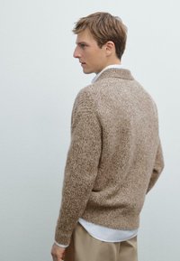 Brauner strukturierter Strickpullover mit hohem Kragen, getragen über einem weißen Hemd mit Kragen. Besitzt Rippbündchen und eine lockere Passform.