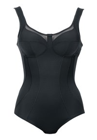 Schwarzer Badeanzug mit strukturiertem Design, Netzpaneelen an der Brust und verstellbaren Trägern. Hergestellt aus einem glatten, dehnbaren Material.