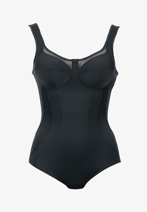 Black one-piece swimsuit with a structured design, mesh paneling at the chest, and adjustable straps. Made from a smooth, stretchy material.