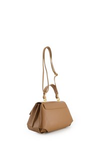 Brown leather handbag with a structured design, featuring a fold-over flap, gold hardware accents, and a single shoulder strap.