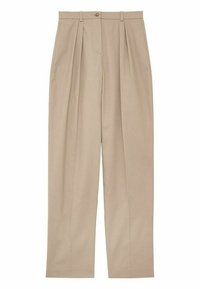 Pantalons plissés beiges avec une taille haute et une fermeture à un bouton. Confectionnés dans un tissu lisse, dotés de poches latérales.